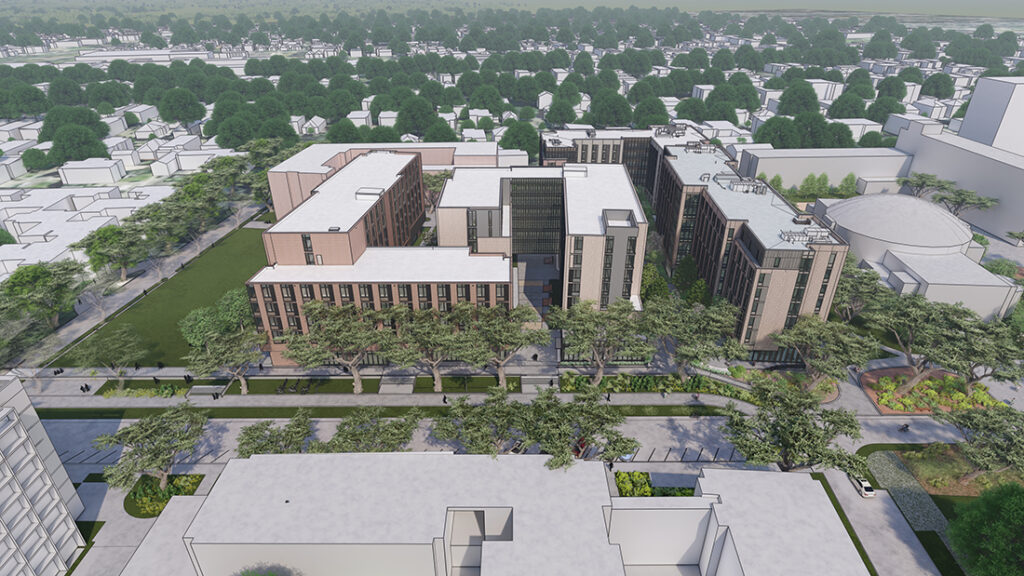 rendering of Tulane Residence Hall surrounded by vegetation