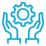 blue icon of hands cradling a gear