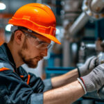 engineer wearing safety gear and working on a water purification system in a factory setting.