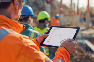 Construction worker looking at Touchplan dashboard on iPad
